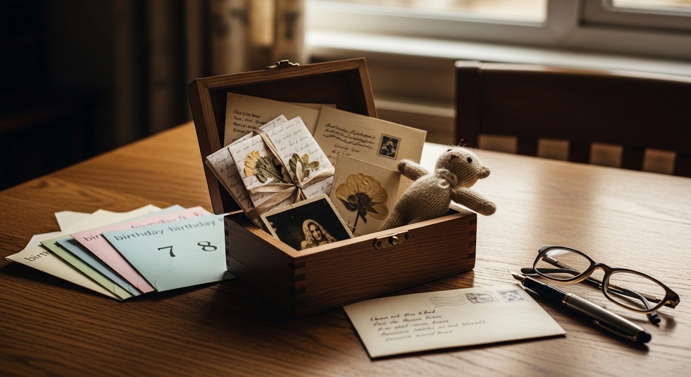 An editorial photograph of a small wooden memory box, opened, on a kitchen table by warm afternoon light — inside are folded handwritten letters, a pressed flower, a worn photograph (image-side down), a small knitted toy, a stamped envelope ready to post, and a numbered series of birthday cards in pastel envelopes — a visual marker for the steady, patient presence an alienated grandparent maintains for the grandchild who may one day come looking.