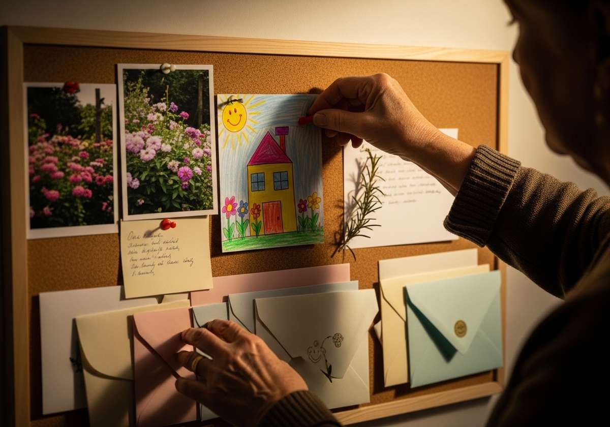 An older woman's hand pinning a young child's crayon drawing to a kitchen pinboard alongside a row of past birthday cards, photographs of garden flowers, and a small handwritten note — photographed in soft warm afternoon light — the steady, patient curation of a grandchild's place in the family that the alienating behaviours cannot erase.