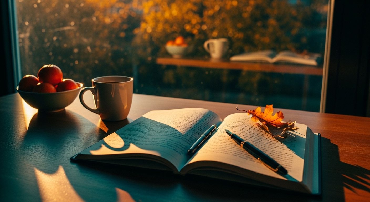 An editorial photograph of an open hardcover reflective journal page on a wooden desk in soft golden-hour late-afternoon light, with a fountain pen, a cup of strong tea, a small bowl of tangerines and a single oak leaf — a visual metaphor for an alienated parent reflecting at home after the Cafcass interview, returning to the long-game work.
