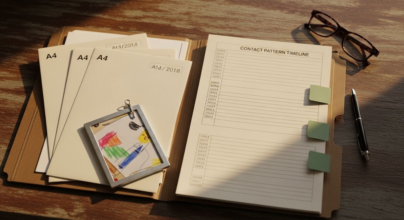 An editorial photograph of an open manila evidence folder on a wooden desk in soft daylight, containing dated photocopied letters, a printed contact-pattern timeline on cream A4 paper, sage-green sticky-note tabs marking key dates, and a small photograph of a child's drawing held by a paper clip — no faces, no children, no legible text on any document — a visual marker for the dated factual evidence an alienated parent brings to the Cafcass interview.