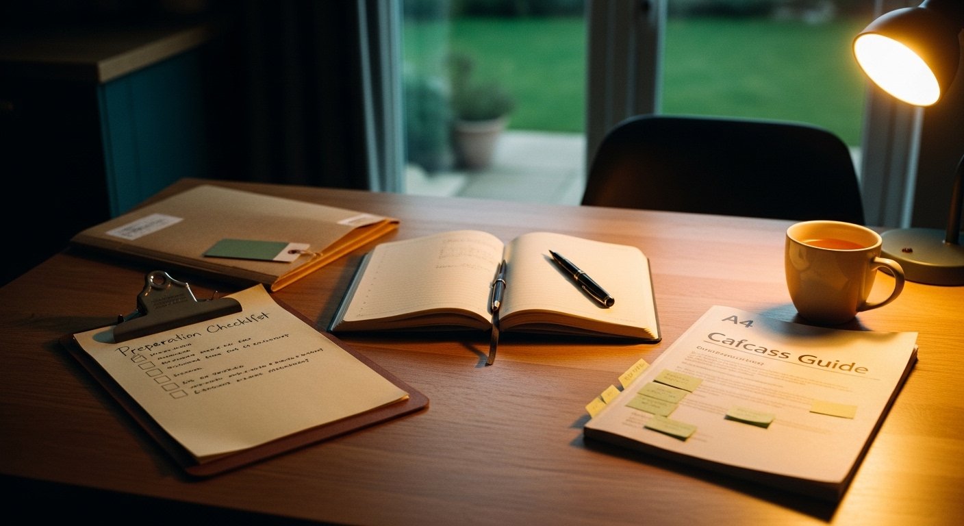 An editorial photograph of an alienated parent's preparation set-up at a wooden kitchen table in soft golden-hour light — a clipboard with a handwritten preparation checklist, a manila folder of dated evidence, the printed Cafcass July 2025 guide annotated with sage-green sticky tabs, an open notebook with bullet-point notes, a fountain pen and a half-full ceramic cup of tea.
