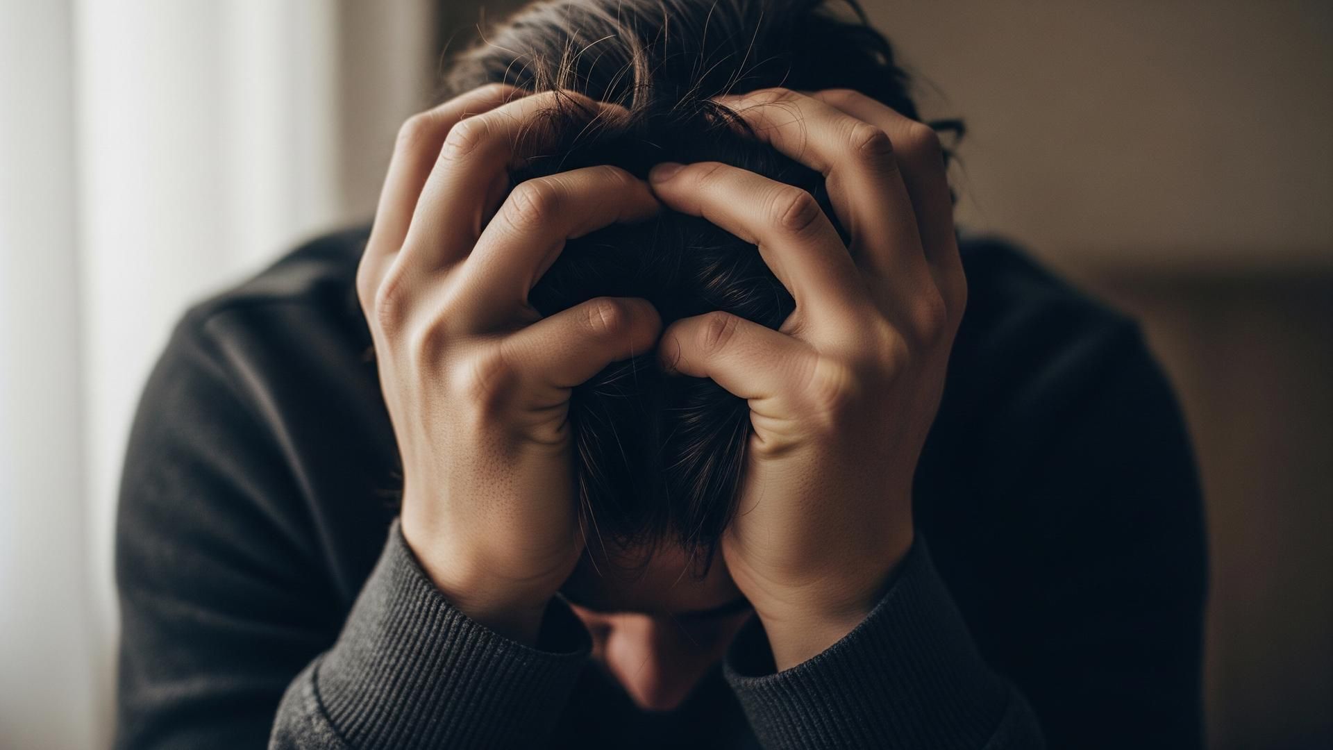 Close-up of a person with their head in their hands — the grief of parental alienation trauma