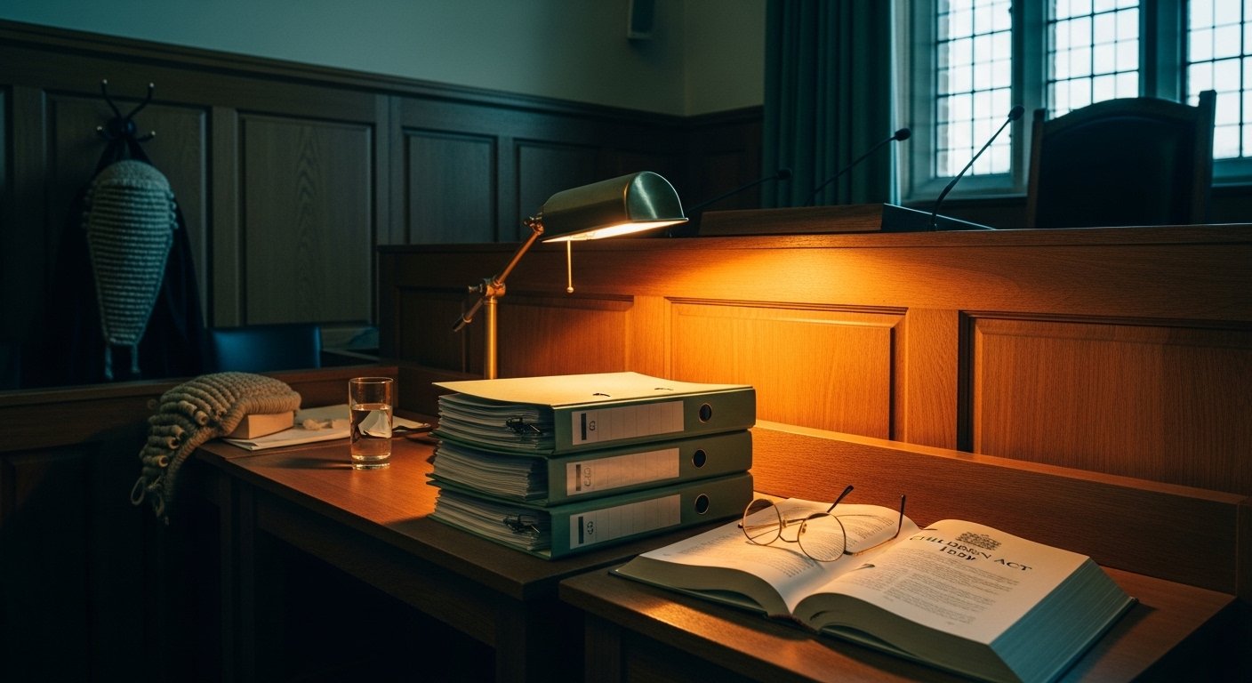 An editorial photograph of a UK Family Court hearing room at the end of a hearing day in soft amber lamplight — wood-panelled walls, an empty judge's bench, a stack of A4 case files in cream covers with sage-green binder clips, a Children Act 1989 hardback open on a table, and a brass desk lamp casting warm pooled light — a visual marker for how UK family courts in England and Wales now handle allegations of alienating behaviour.
