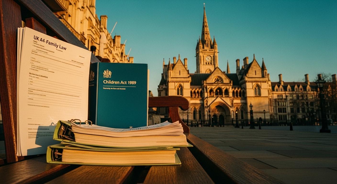 An editorial photograph of the Royal Courts of Justice on the Strand at golden-hour twilight, with a foreground stack of UK A4 family-law documents on a wooden bench — a visual marker for how UK family courts in England and Wales now handle allegations of alienating behaviour under the Family Justice Council December 2024 guidance.