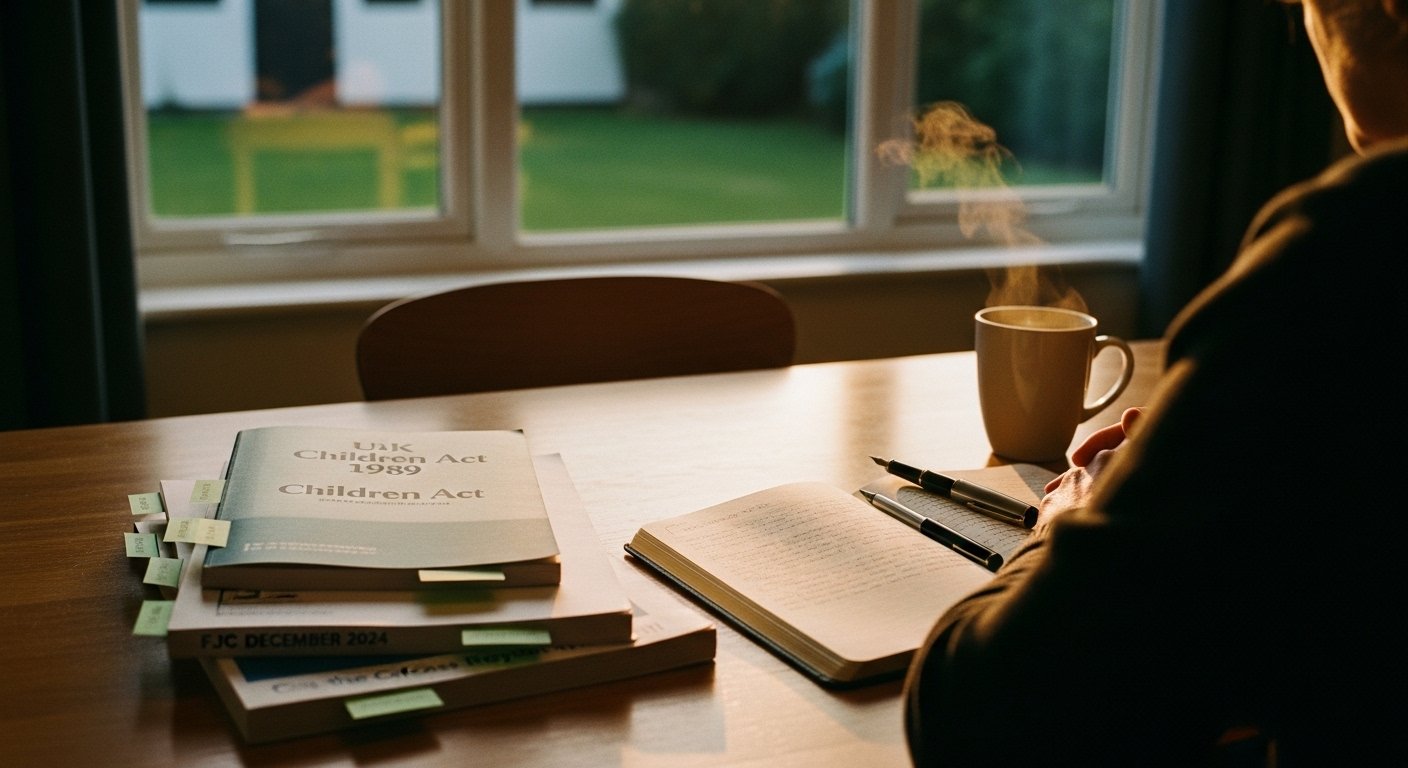 An editorial photograph of an alienated UK parent sitting alone at a wooden kitchen table at home in soft golden-hour light, reading through a stack of UK family-law documents — the Children Act 1989, the FJC December 2024 guidance, and a printed Cafcass report — with a notebook of handwritten margin notes and a fountain pen — a visual marker for the patient self-education of an alienated parent navigating UK family-court proceedings.