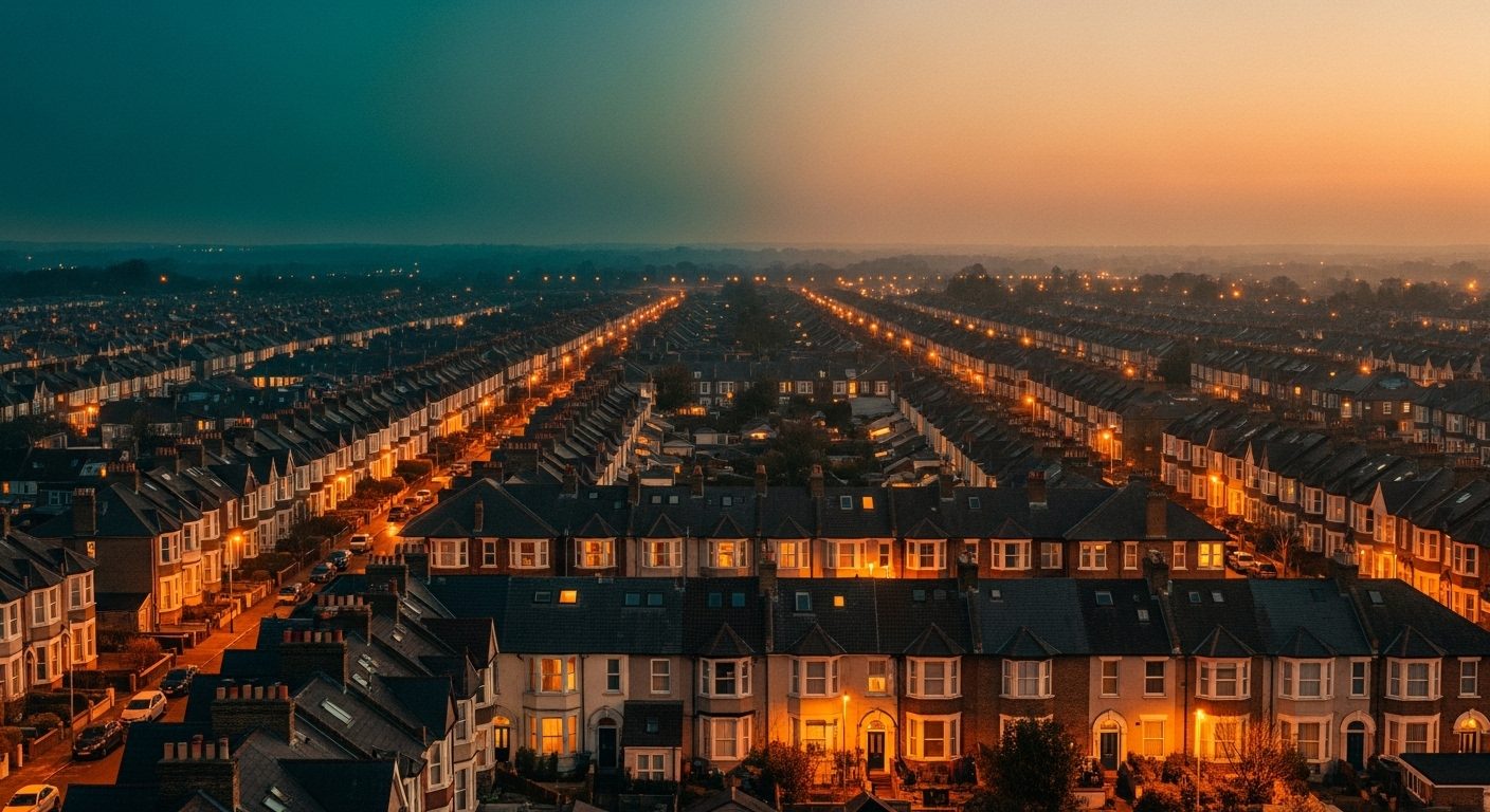 An aerial cinematic view of UK suburban housing at golden-hour twilight under a teal-indigo sky, with warm amber-lit windows stretching across thousands of separate roofs — a visual metaphor for the UK-wide scale of parental alienation among 1,005 separated parents that Hine, Harman, Leder-Elder & Bates document in the first national UK prevalence study.