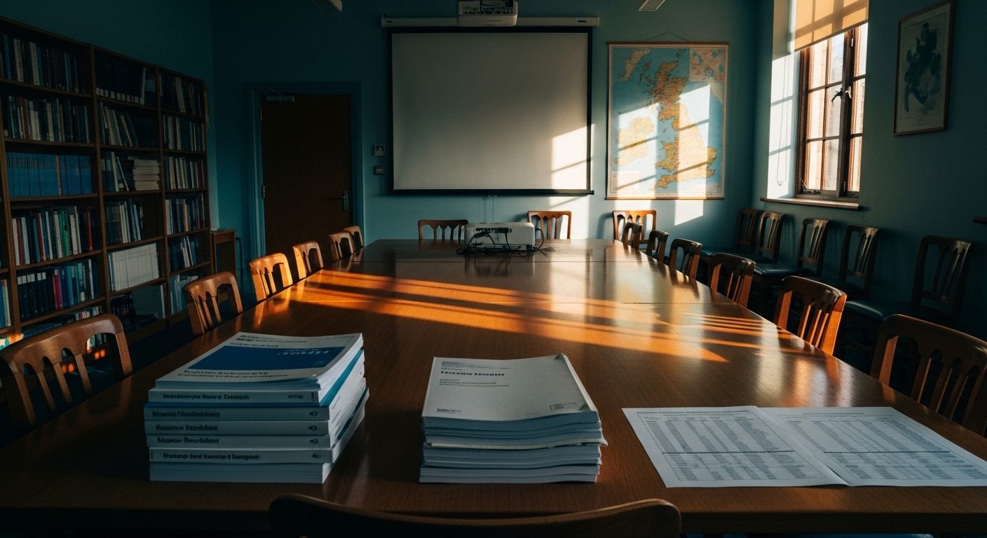An editorial photograph of an empty seminar room at the University of West London at golden hour, with bound research reports stacked on a polished wooden table and a small printed UK map on the wall lit by warm amber light from a tall window — a visual metaphor for the academic and policy moment at UWL on 25 April 2024 when the Hine 2025 UK prevalence figures were first launched on International Parental Alienation Awareness Day.