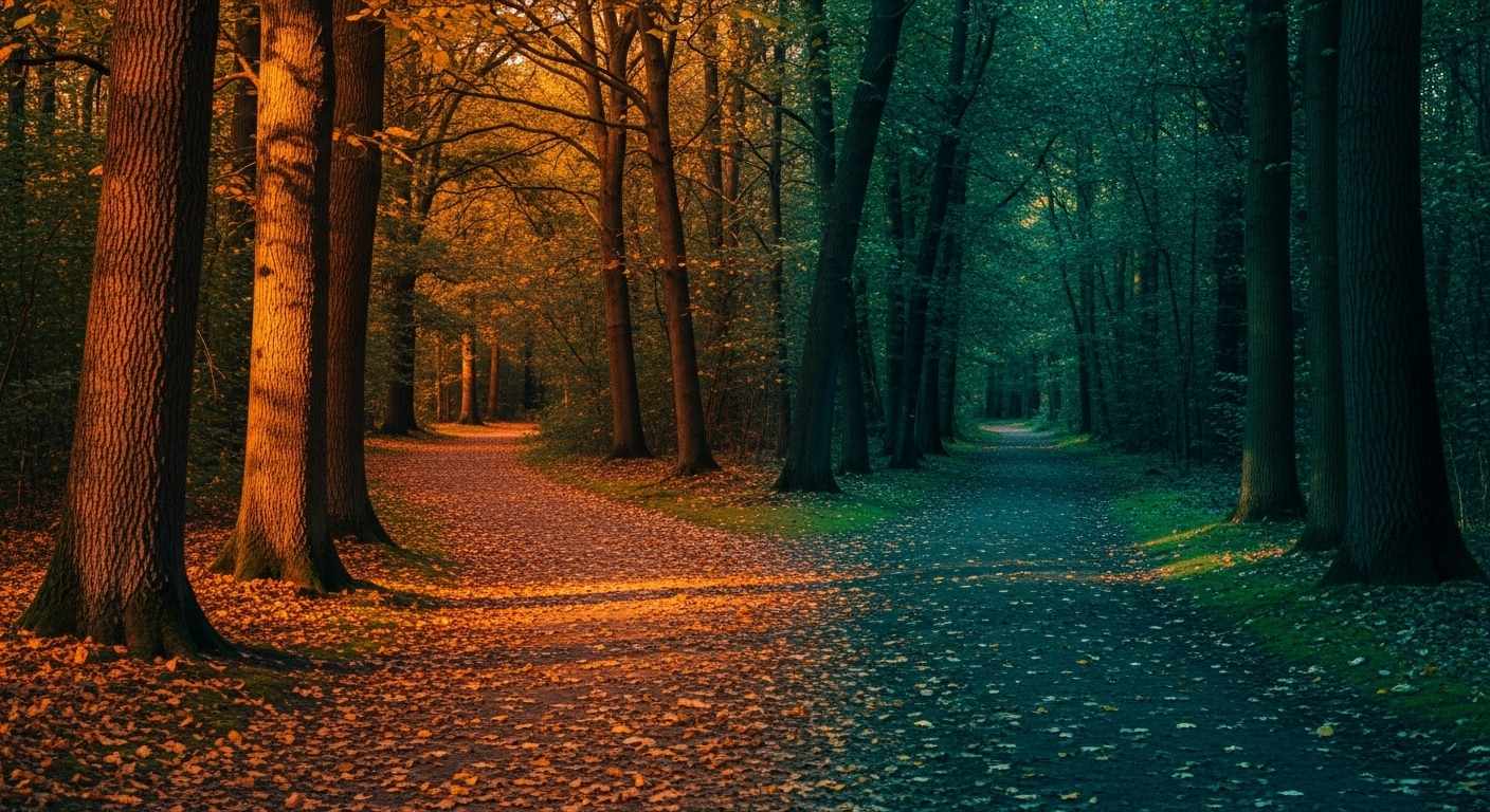 An editorial photograph of two parallel paths diverging through a soft golden-hour woodland, one path lit warmly and the other in deep teal shadow — a visual marker for the clinical difference between parental alienation and realistic estrangement, two distinct dynamics that look similar on the surface but require different responses.