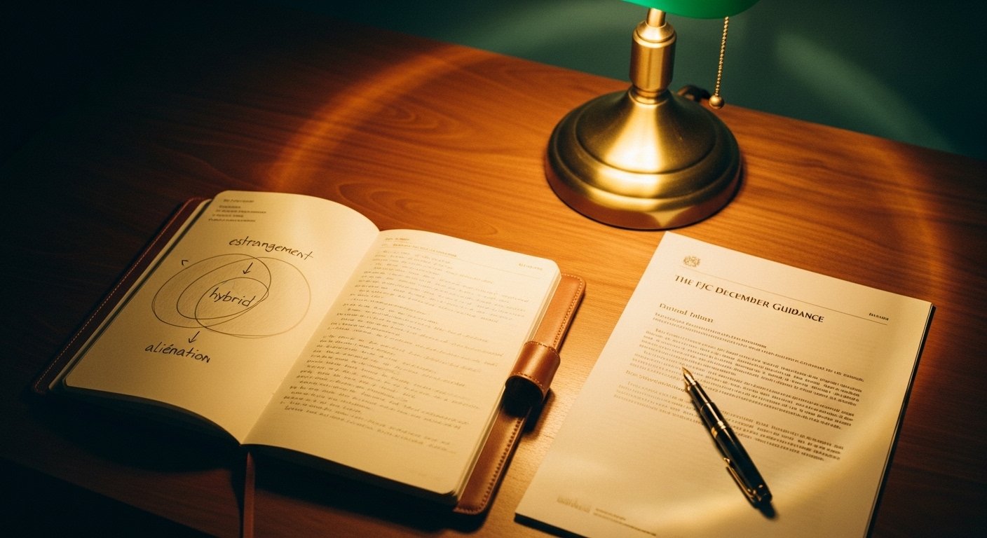 An editorial photograph of a clinician's notebook open on a wooden desk in soft amber lamplight, showing a hand-drawn three-circle Venn diagram in pencil with one circle labelled alienation, one labelled estrangement, and the overlapping centre labelled hybrid — a printed FJC December 2024 guidance document and a fountain pen lie alongside — a visual marker for the clinical reality that most parent-child contact problems sit on a spectrum rather than at a pure pole.