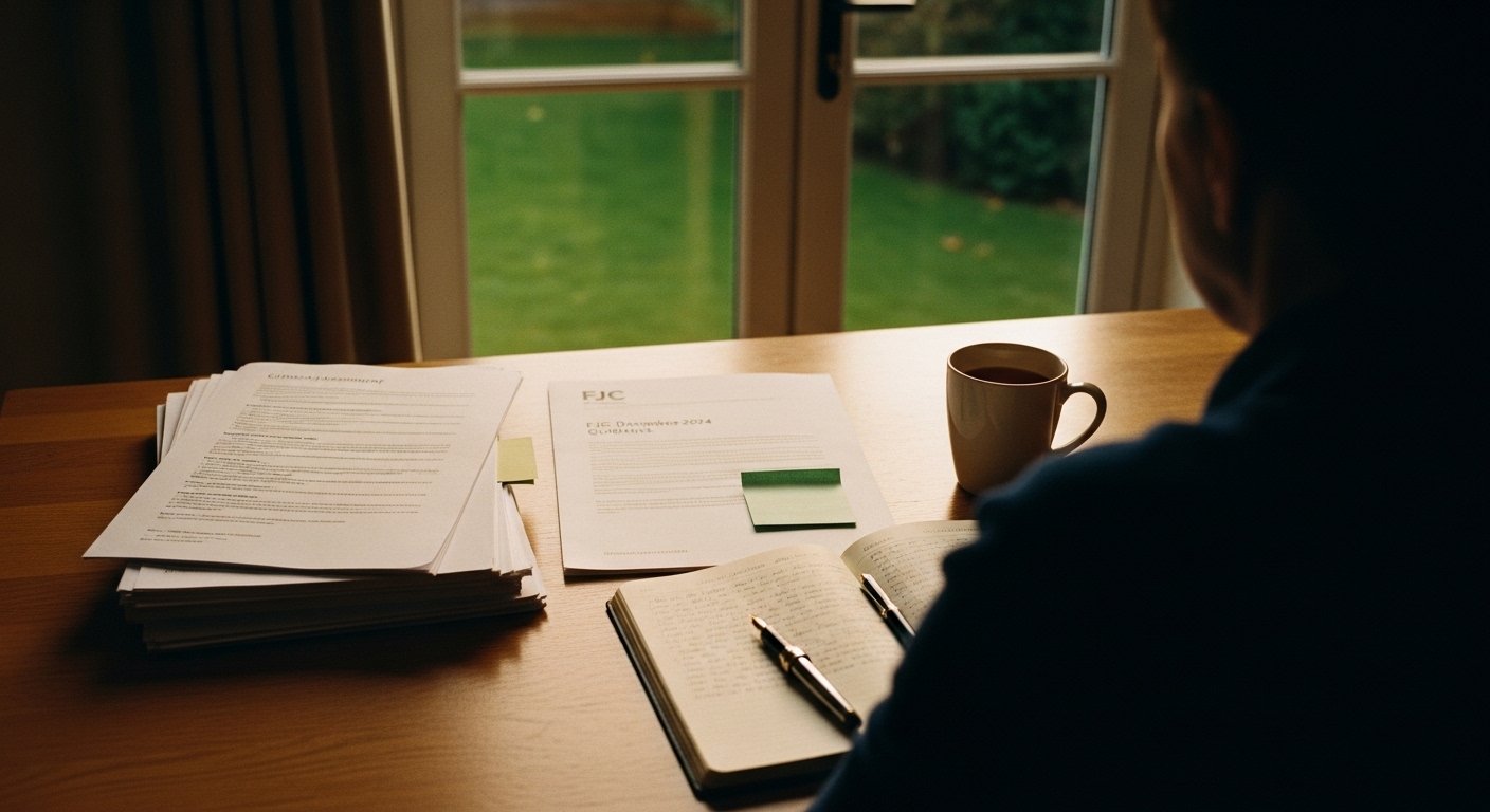 An editorial photograph of a UK alienated parent sitting alone at a wooden kitchen table at home in soft golden-hour light, reading through a stack of clinical assessment documents and the FJC December 2024 guidance side by side, with a notebook open to two columns of handwritten honest self-assessment notes and a fountain pen — a visual marker for the patient honest self-assessment that distinguishes parental alienation from realistic estrangement in a real case.