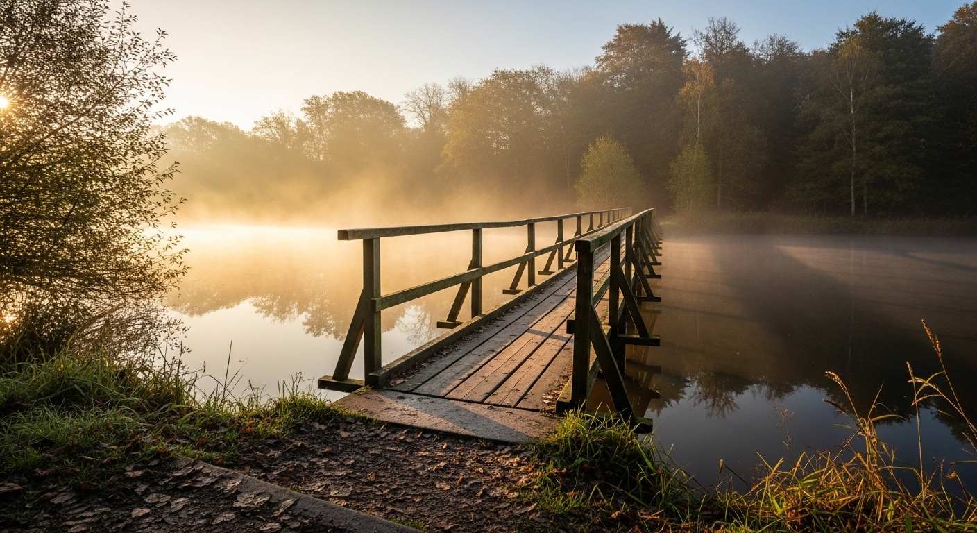 A small wooden footbridge crossing calm water in soft morning light, leading toward trees on the far bank — a quiet image of the slow, deliberate work of rebuilding a broken parent–child relationship.
