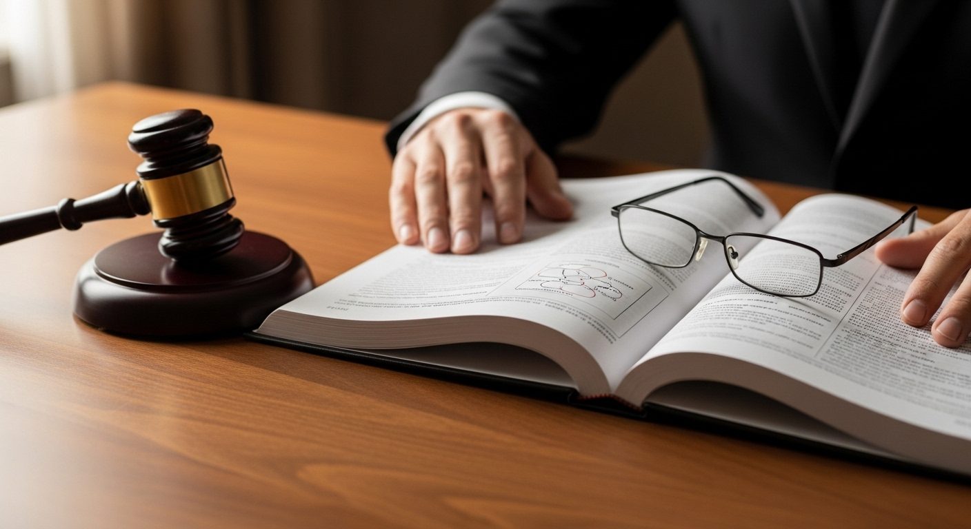 An open psychology journal lying on a wooden desk beside a judge's gavel in warm light — a visual marker for a paper about the beliefs that shape parental-alienation decisions in both the courtroom and the therapy room.