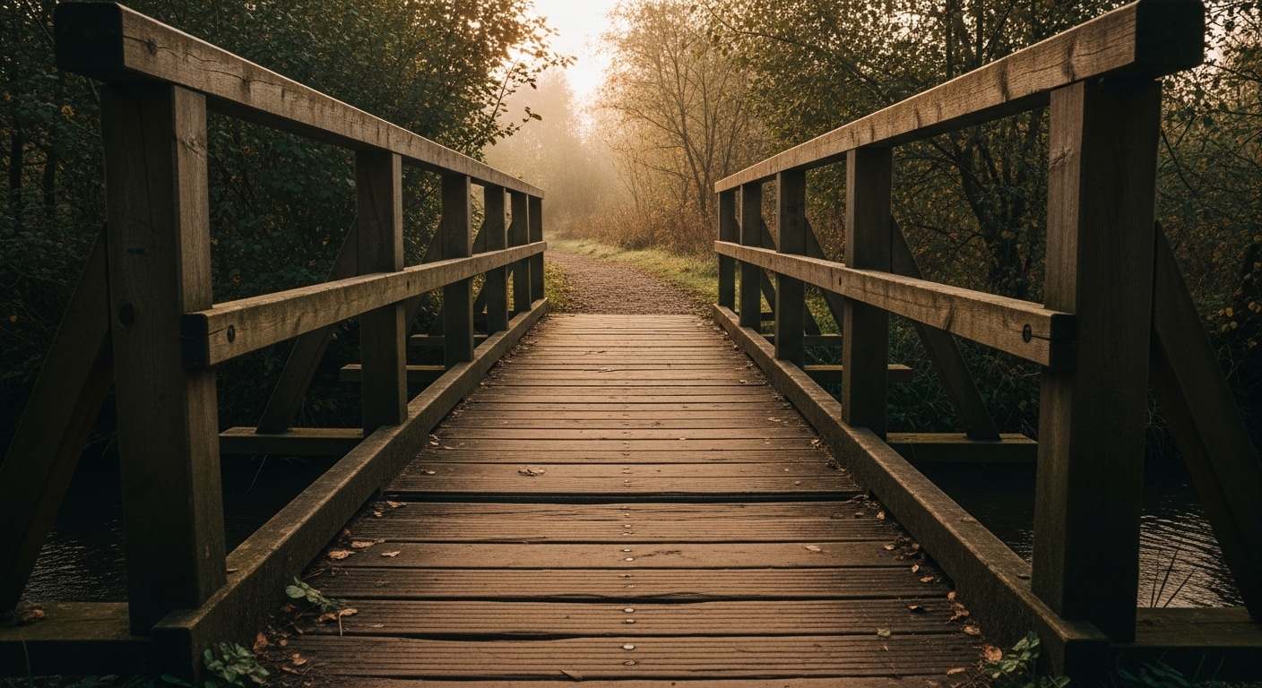 A solid wooden footbridge spanning a gap and reaching toward warm morning light — a visual marker for a program named Family Bridges that aims to reconnect alienated children with a rejected parent.