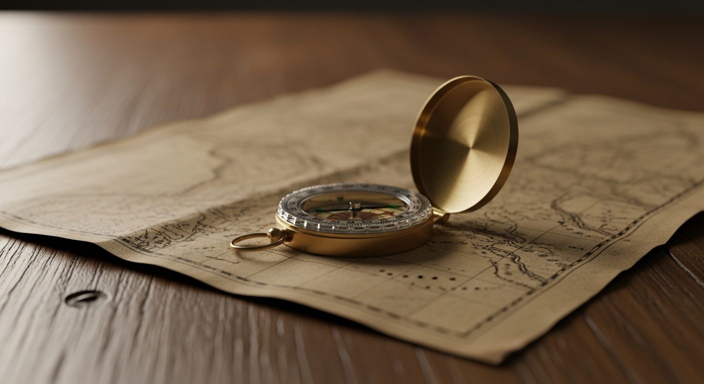 A simple compass resting on an old paper map in warm light — a quiet image of finding the way back, and of the critical thinking and perspective-taking the programme aims to teach.