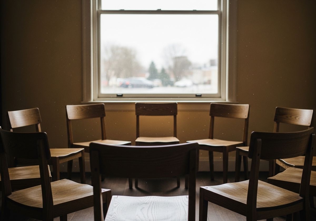 A bright, simple workshop room with a small circle of empty chairs and a large window in soft daylight — a visual marker for an education-based programme delivered as a workshop rather than as therapy.