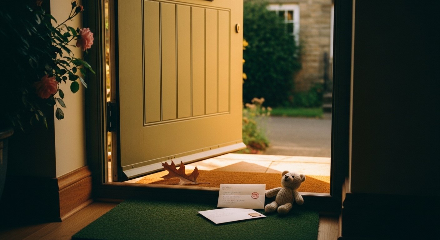 An editorial photograph of a wooden front door of a family home in soft golden-hour afternoon light, slightly ajar with warm honey-amber light spilling out onto a sage-green welcome mat — a folded handwritten letter and a small hand-knitted cream teddy bear placed on the doormat beside the door, a single oak leaf caught in the threshold, and a softly-blurred English garden behind — a visual marker for the moment an alienated child reconnects, the slow rebuild that follows, and the long-held door an alienated parent has kept open through years of silence.