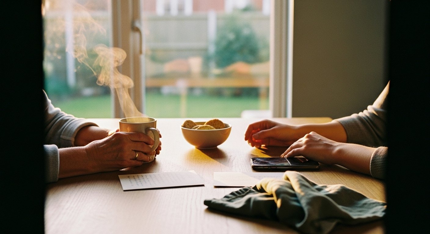 An editorial photograph of a parent and an adult child sitting together at a wooden kitchen table at home in soft golden-hour afternoon light, both shown only at the wrists and forearms (no faces visible) — the parent's older hands holding a ceramic mug of tea, the adult child's younger hands resting next to a phone placed face-down on the table, two folded handwritten cards between them, a small bowl of biscuits, a sage-green linen napkin, and a softly-blurred English garden through the window behind — a visual marker for the slow rebuild after reconnection, the cadence set by the adult child, the years of correspondence finally read across the same table.