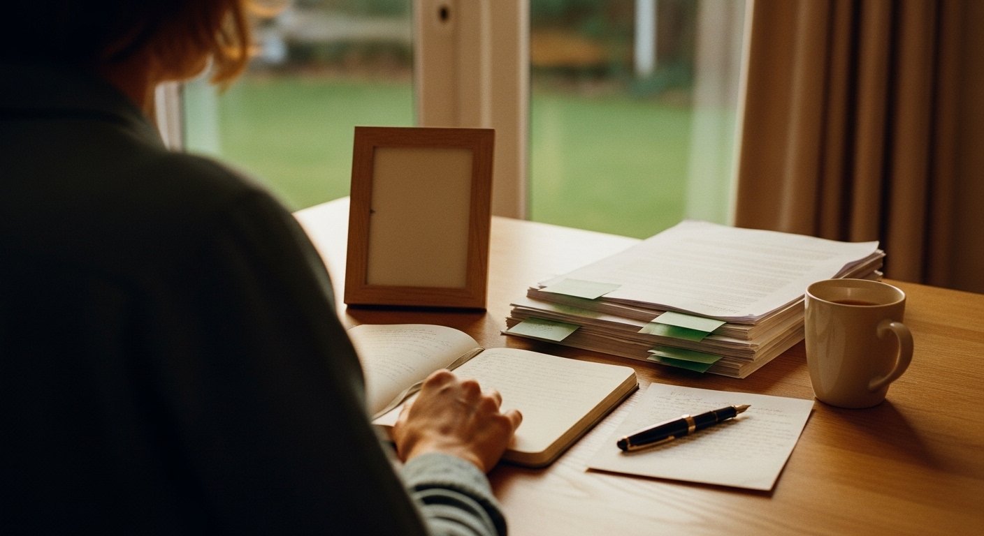 An editorial photograph of a UK alienated parent (head and shoulders only, three-quarter back view, no face visible) sitting alone at a wooden kitchen table at home in soft golden-hour afternoon light, with a small framed photograph of a young child face-down on the table beside an open Survival Guide notebook with handwritten margin notes (script not legible), a stack of US peer-reviewed reconciliation-research papers with sage-green Post-it notes flagging key pages, a fountain pen resting across a folded handwritten letter, and a softly-blurred English garden through the window behind — a visual marker for the practical work of holding the door open through the years of silence in UK family-court conditions.